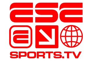 Red text and logo on a white background. The text reads ESPN, with SPORTS TV and ESE Sports.TV underneath. Icons include a play button, downward arrow, and a globe, all inside red circles—perfect for catching the latest boxing matches or the Tournament of Champions.