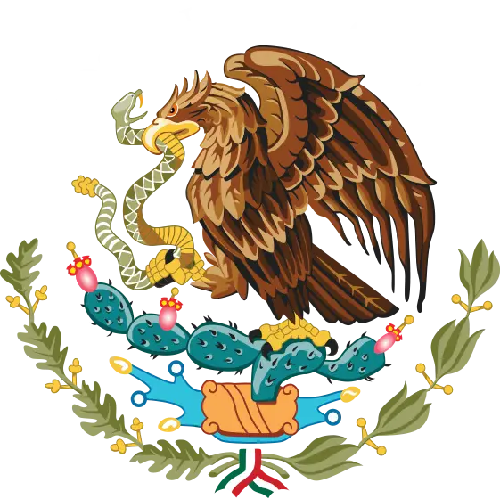 The Mexican coat of arms, much like the symbol of triumph in a tournament of champions, showcases a golden eagle perched on a prickly pear cactus, devouring a snake. The cactus rises from a rock amid water, encircled by a wreath of laurel and oak.