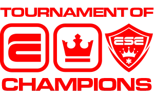 The red Tournament of Champions logo boasts a stylized E, a crown, and a shield, embodying the vibrant spirit of ese sports.tv.