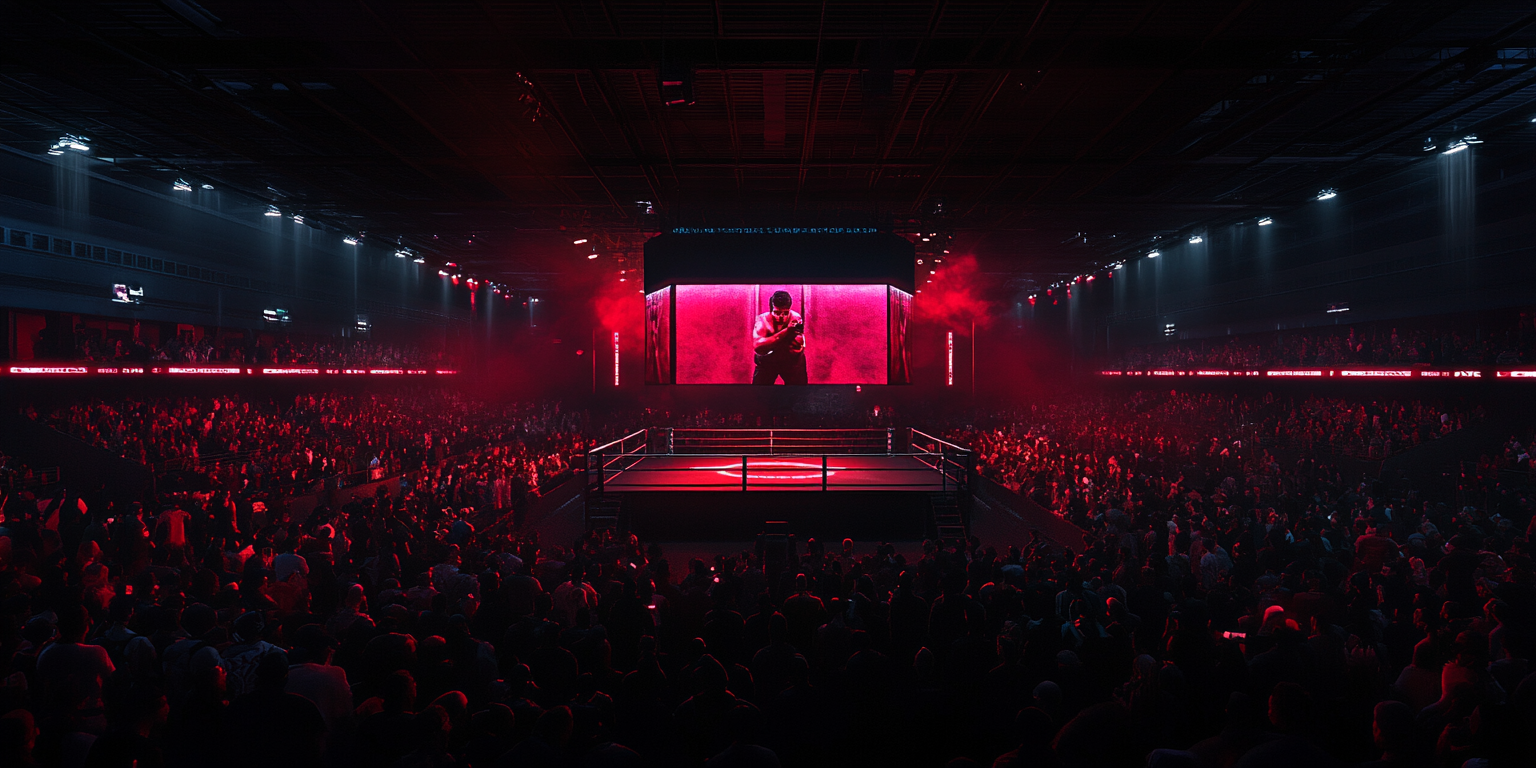 A crowded arena is filled with spectators under red lighting. A wrestling ring is at the center, surrounded by a cheering audience. A large screen above displays a wrestler preparing for the match, enhancing the electrifying atmosphere.