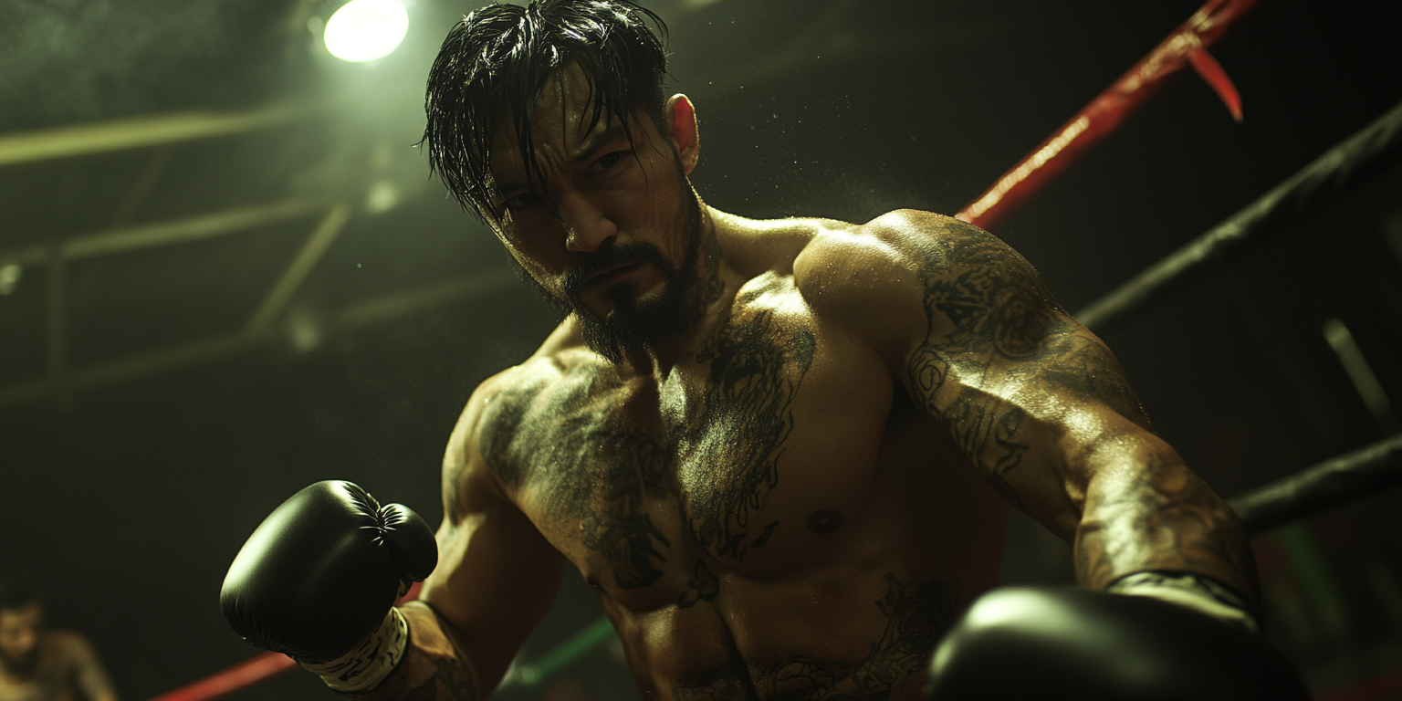 A muscular, tattooed boxer stands in a dimly lit boxing ring, wearing black gloves. His intense expression and wet hair suggest he is in the middle of a match. Another boxer is blurred in the background, creating a dramatic atmosphere.