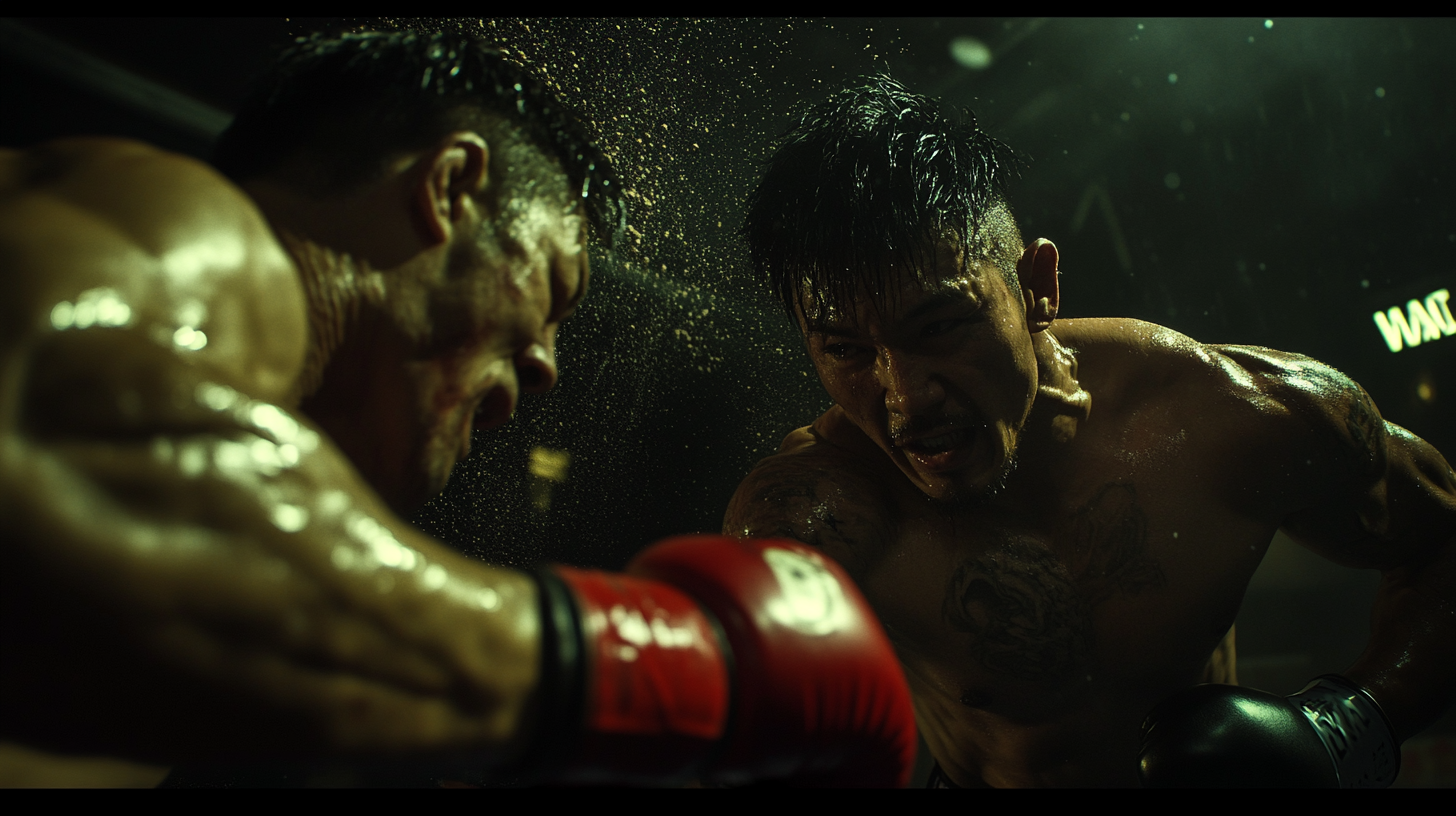 Two boxers in a tense moment inside the boxing ring, their faces determined and intense. Sweat and water droplets are visibly spraying from their bodies. The background is dark, highlighting the fighters and the energy of the scene.