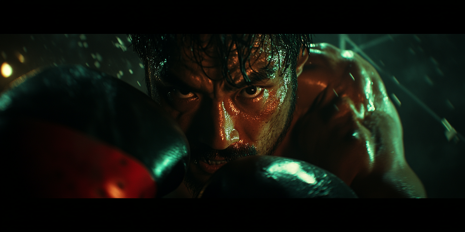 A boxer, with intense focus and determination in his eyes, is captured in a dramatic close-up as he trains in dim lighting. Sweat glistens on his face, and he holds his gloved fists close.