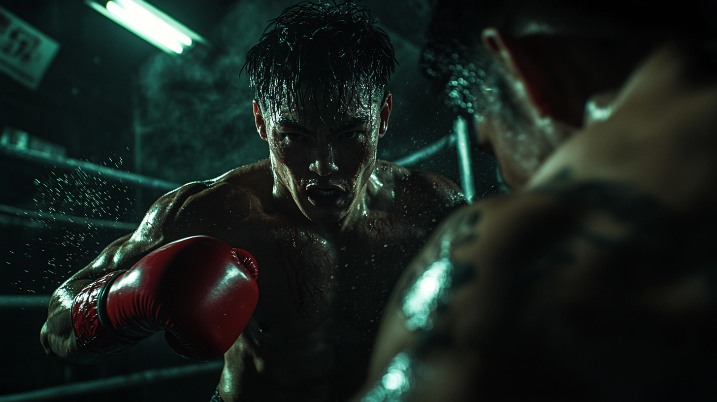 A dramatic scene in a boxing ring features a determined boxer with red gloves punching towards the viewer, sweat and water droplets suspended in the air. The dim lighting highlights the intensity and focus of the match.