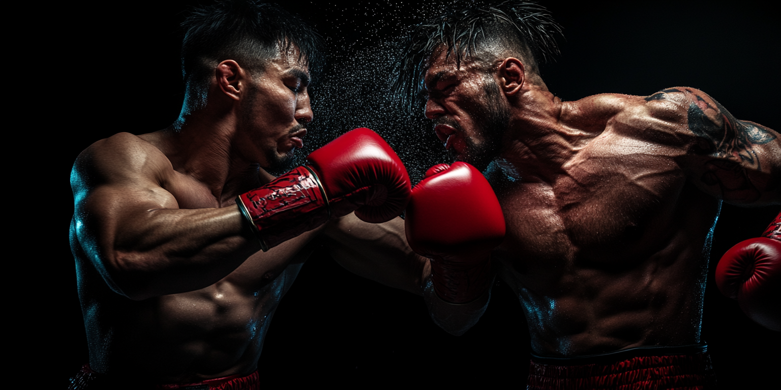 Two muscular boxers in red gloves engage in an intense match. One boxer is landing a powerful punch on the others face, causing sweat to fly. The scene is dramatic, with dark background and vivid highlights accentuating their physiques and expressions.