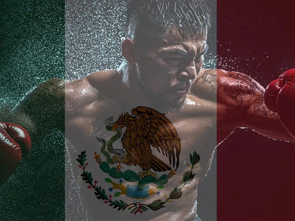 A boxer with red gloves, glistening with sweat, throws a punch in the heat of the Tournament of Champions. The image is overlaid with the Mexican flag, featuring its tricolor background and national emblem.