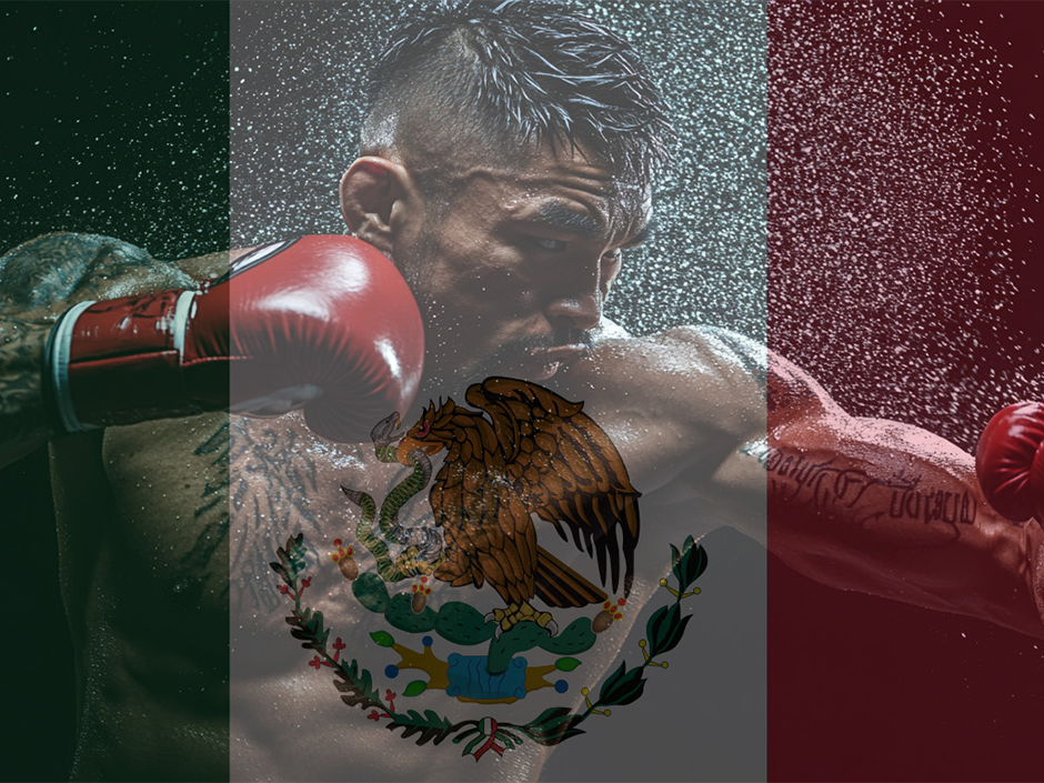 A tattooed boxer throws a punch with red boxing gloves, surrounded by dynamic water droplets. The image, featured on ese sports.tv, is overlaid with the Mexican flag, its coat of arms visible at the center.