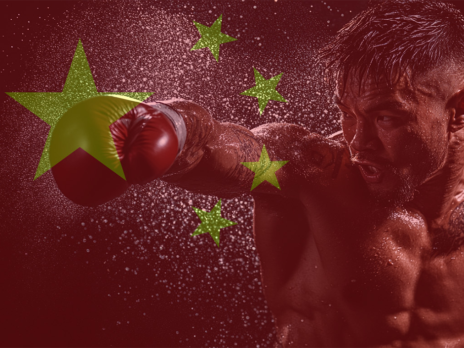 A muscular boxer throwing a punch, sweat visibly flying off him, captures the raw intensity of the Tournament of Champions. The image is overlaid with a translucent Chinese flag, creating an intense and dynamic atmosphere.