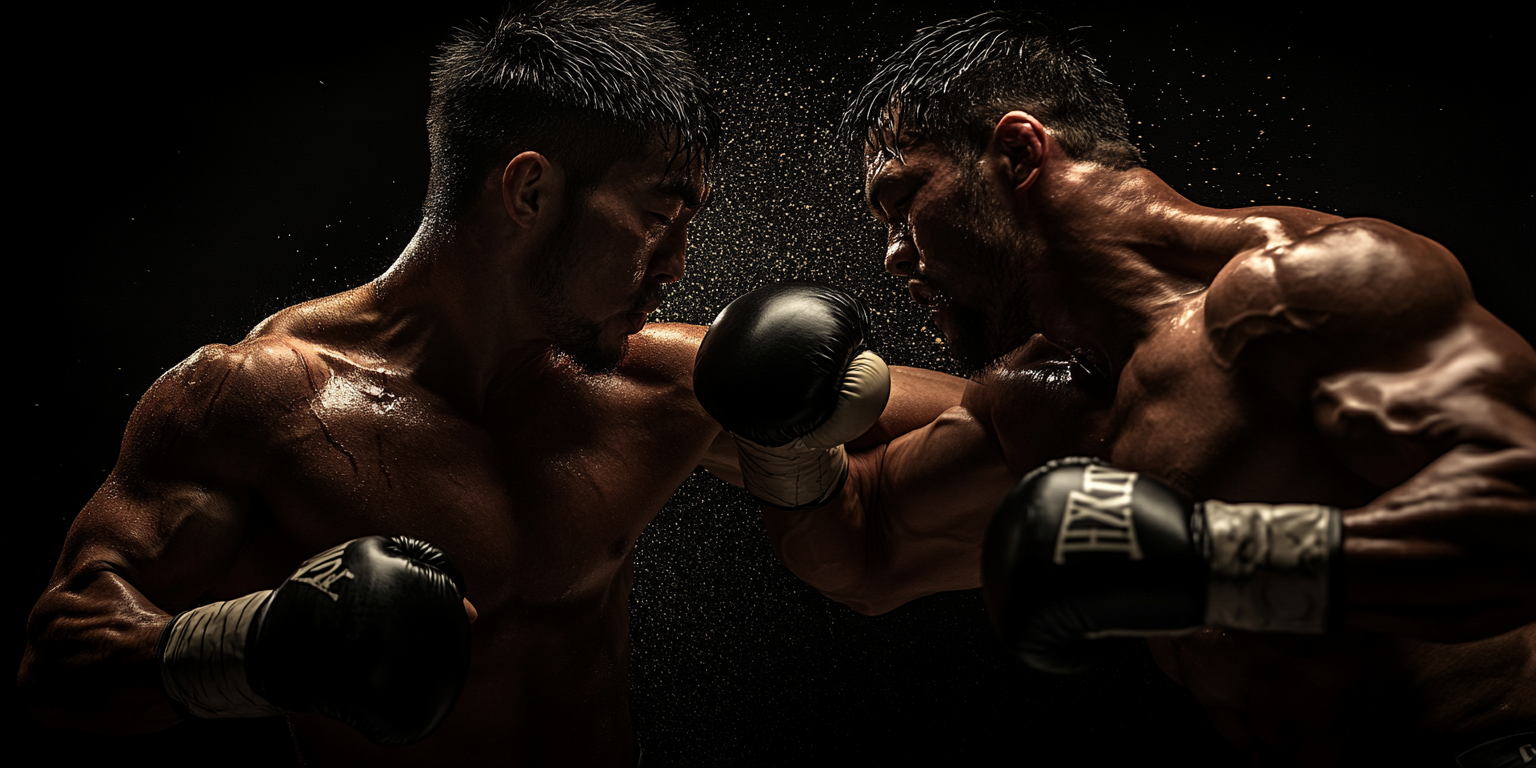 Two muscular boxers are intensely engaged in a match, exchanging punches in a dimly lit environment. Sweat is visibly flying around them, highlighting the fierce action and physical exertion. Both wear black boxing gloves.