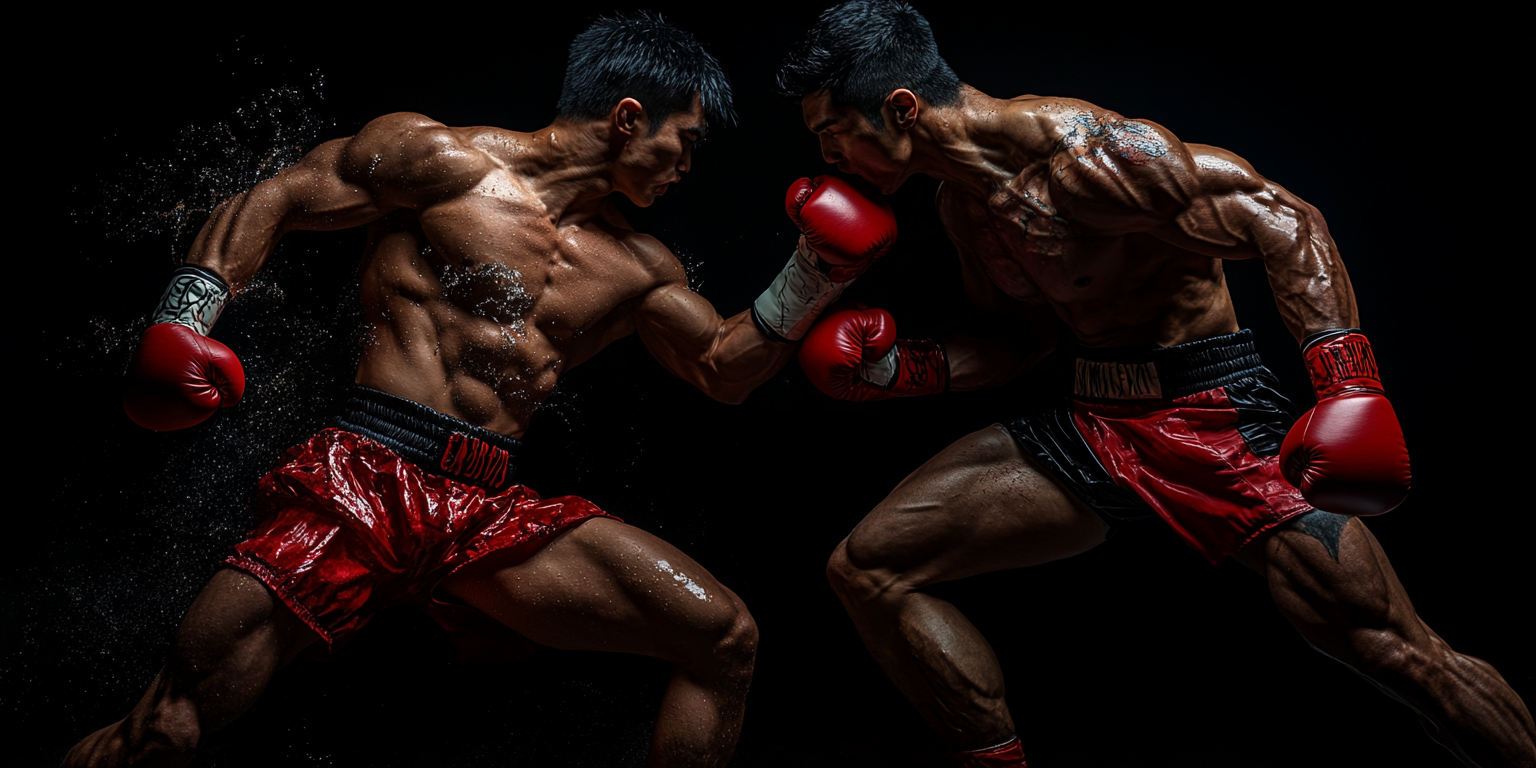 Two muscular boxers in red shorts are engaged in an intense match against a dark background. They are both wearing red boxing gloves, displaying their athletic physiques and focused expressions as they exchange blows.