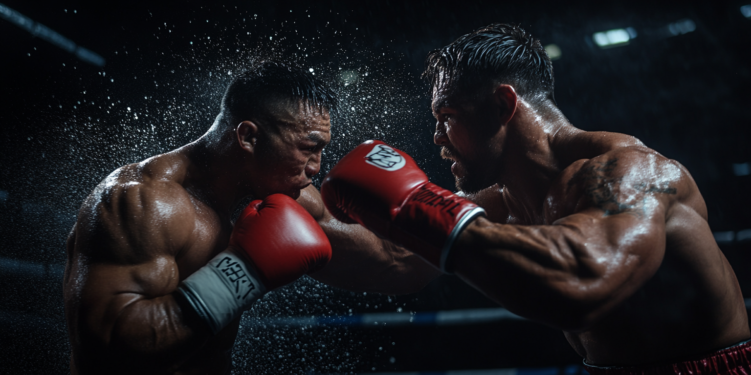 Two muscular boxers in a dimly lit ring, captured mid-fight. One boxer lands a punch on the others face, causing sweat to spray. Both wear red boxing gloves and intense expressions in a dramatic, high-energy scene.