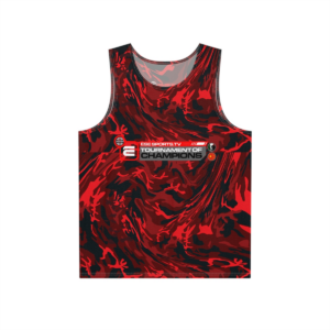 Red and black camouflage-patterned tank top with ESE ESPORTS.TV TOURNAMENT OF CHAMPIONS logo on the chest.