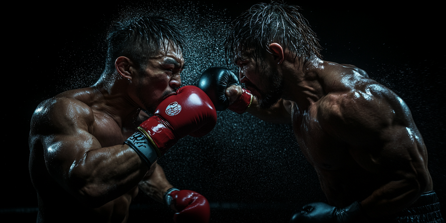 Two male boxers in a ring deliver simultaneous punches. Sweat glistens on their muscular bodies, with droplets flying through the air. The intensity and focus of their expressions are highlighted by dramatic lighting.