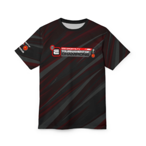Black and dark red sports jersey featuring diagonal stripes and text that reads T3E Sports TV Tournament of Champions. Theres also a logo on the chest and on the left sleeve.