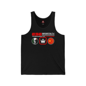 Black tank top featuring ESE SPORTS.TV and TOURNAMENT OF CHAMPIONS text. Below are graphics of a helmet, a crown, and a red circle with a star and gold circle.