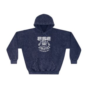 A dark blue, hooded sweatshirt with a faded texture, featuring a white graphic design on the chest that reads Athletics with additional decorative elements and text above and below.