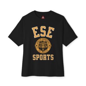 Black T-shirt with large yellow lettering reading ESE SPORTS and a logo featuring a tigers head and the words ATHLETIC DEPARTMENT LOS ANGELES along with the numbers 20 and 25 encircling it.
