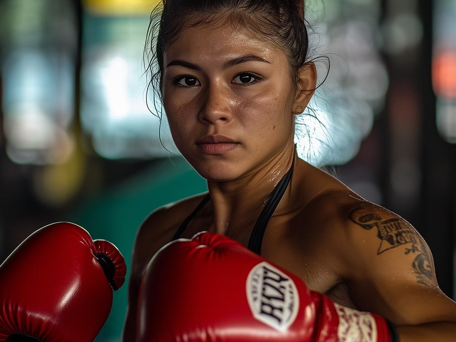 A focused woman wearing red boxing gloves is in a boxing stance. Her hair is pulled back, and she has a tattoo on her left shoulder. The background is blurred, emphasizing her serious expression and readiness.