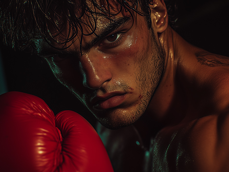 A determined boxer with wet hair and glistening skin, holding bright red boxing gloves close to his face. The intense focus in his eyes is highlighted by dramatic lighting, casting shadows that emphasize his features.