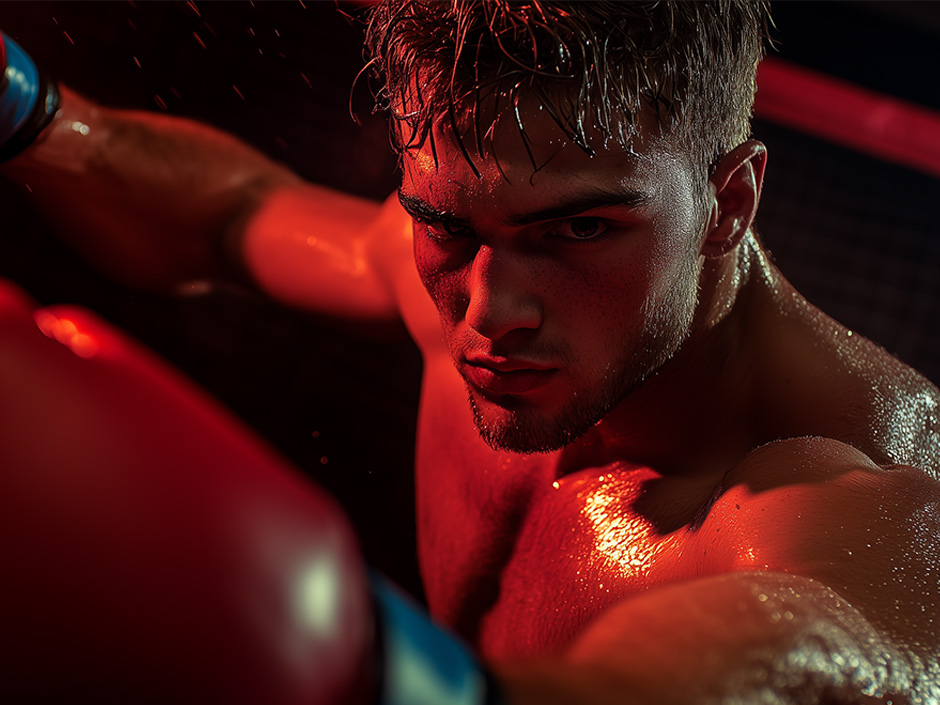 A muscular boxer, focused and intense, prepares to punch. His skin glistens with sweat under dramatic lighting, highlighting his determination. He wears boxing gloves, and the background is dark with hints of a boxing ring.