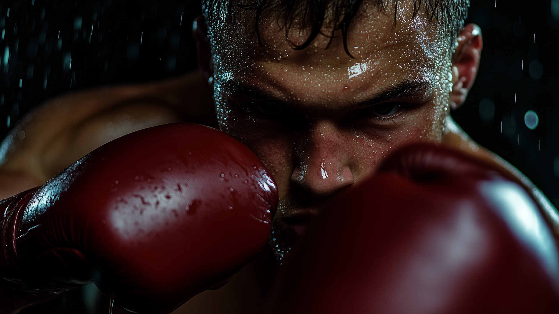 Close-up of a determined boxer with wet skin, wearing red boxing gloves. The focus is on his intense gaze as he holds his fists up, with water droplets visible in the dimly lit background.