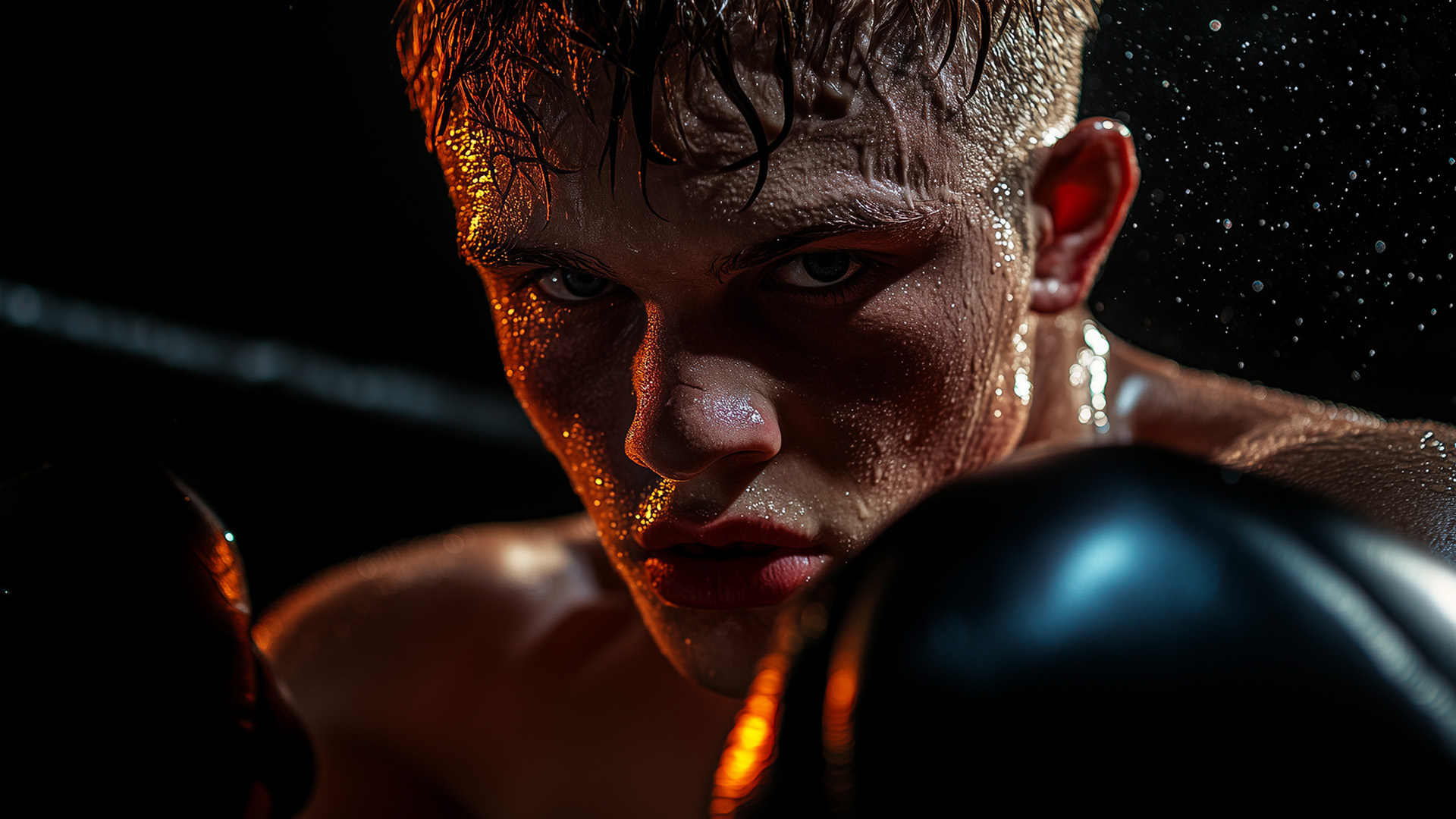 Close-up of a boxer with wet hair and intense expression, face glistening with sweat. They are poised in a fighting stance, wearing black boxing gloves, with droplets of water in the air. The background is dark, highlighting their determined look.