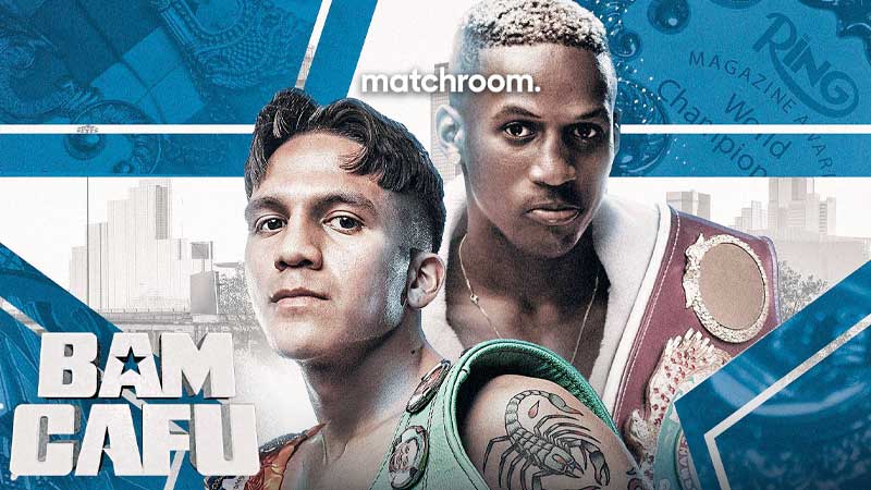 Two male boxers with serious expressions pose side by side, wearing championship belts. BAM CAFU text is displayed in bold at the bottom left, with a blue-toned, geometric background and the matchroom. logo above.