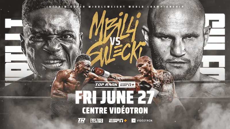Promotional poster for a boxing match between Mbilli and Sulecki, featuring intense close-ups of both fighters faces and an action shot of them boxing. Event details: June 27 at Centre Vidéotron.