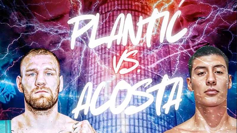 Poster featuring two male boxers facing forward with intense expressions. “Plantic vs. Acosta” is written in bold, white graffiti-style text across the image, with a dramatic blue and red lightning background.