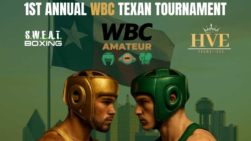 Two boxers wearing gold and green headgear face off, with a Texan flag in the background. Text reads 1st Annual WBC Texan Tournament along with S.W.E.A.T. Boxing, WBC Amateur, and HVE Promotions logos.