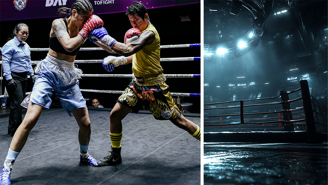 Two women are boxing in a ring with a referee watching closely; one fighter throws a punch while the other defends. The right side of the image shows an empty, dimly lit boxing ring in an arena.