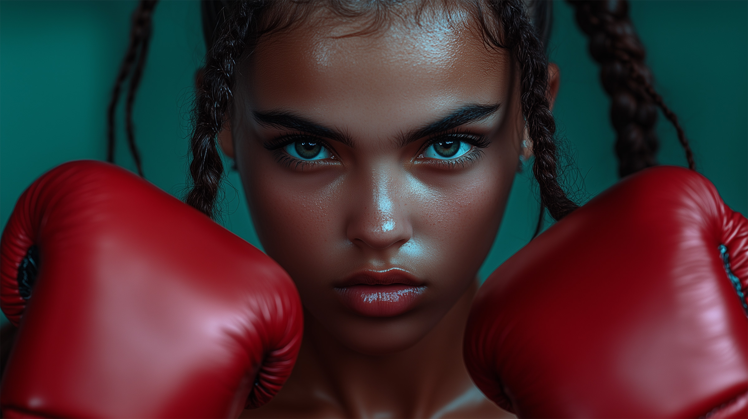 A young woman with braided hair and intense blue eyes wearing red boxing gloves stares fiercely at the camera against a teal background, her face showing determination and focus.