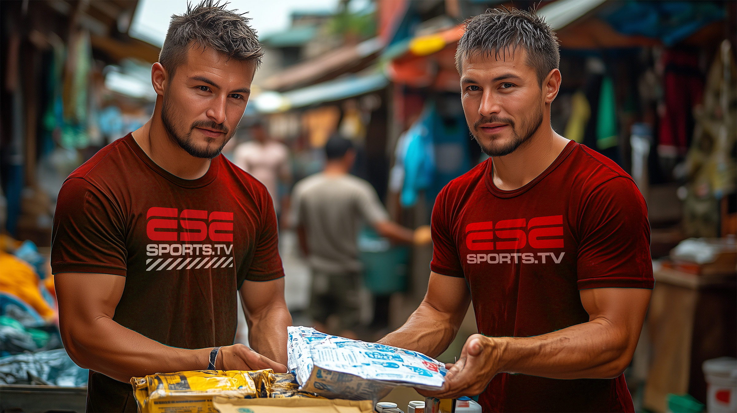 Two men wearing matching red “ESE SPORTS.TV” shirts stand at an outdoor market stall, handling packaged goods. The busy market scene surrounds them with blurred shoppers and colorful merchandise in the background.