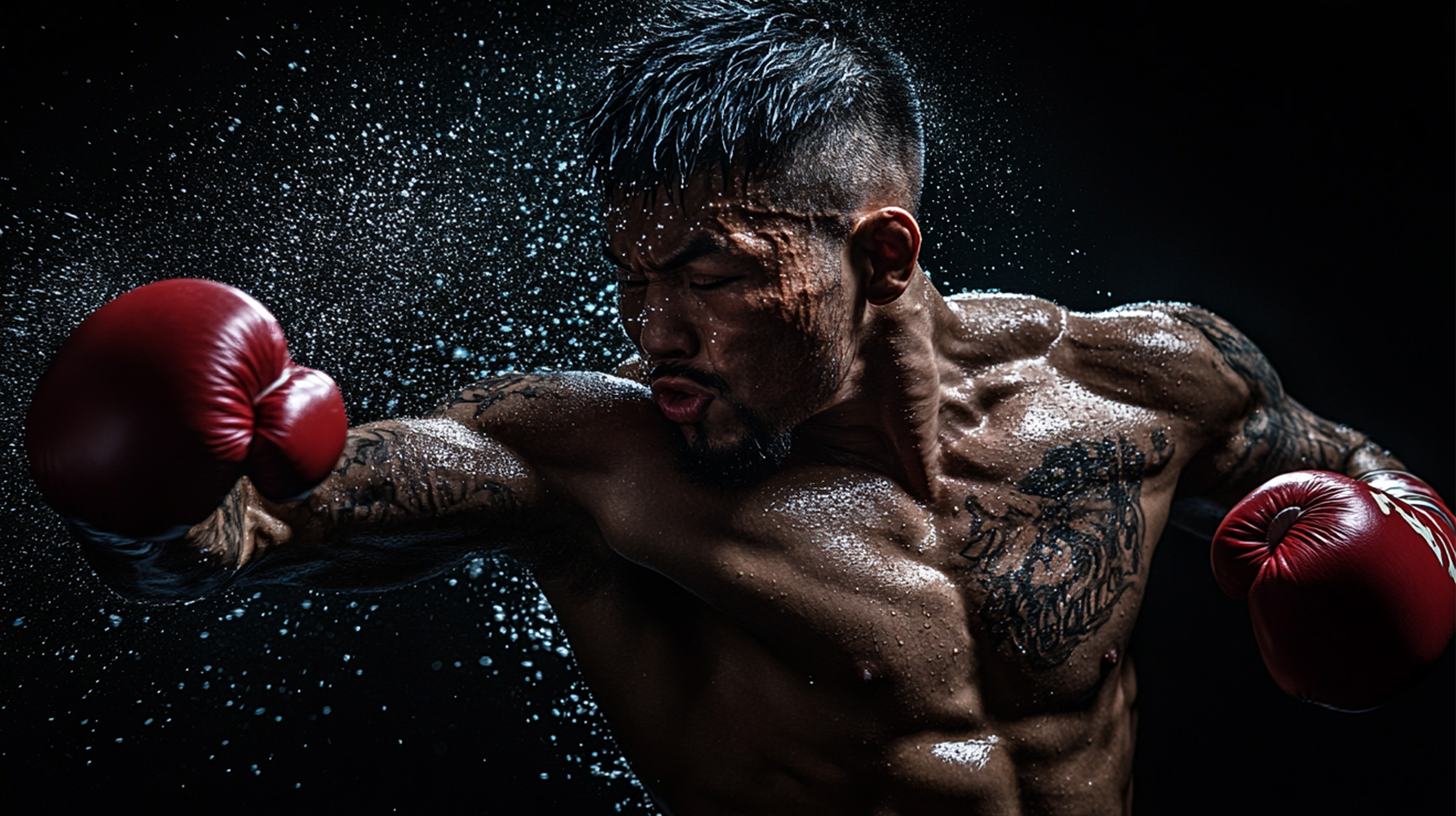 A muscular male boxer with tattoos throws a punch, sweat flying from his body, wearing red gloves against a dark background. His intense expression highlights the action and power.