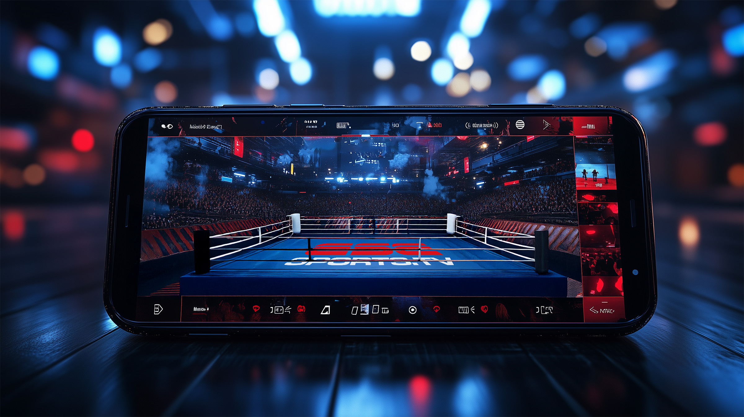 A smartphone displays a wrestling ring in a sports arena, with bright lights and a large audience in the background, highlighting a sports-themed app or game on the screen.