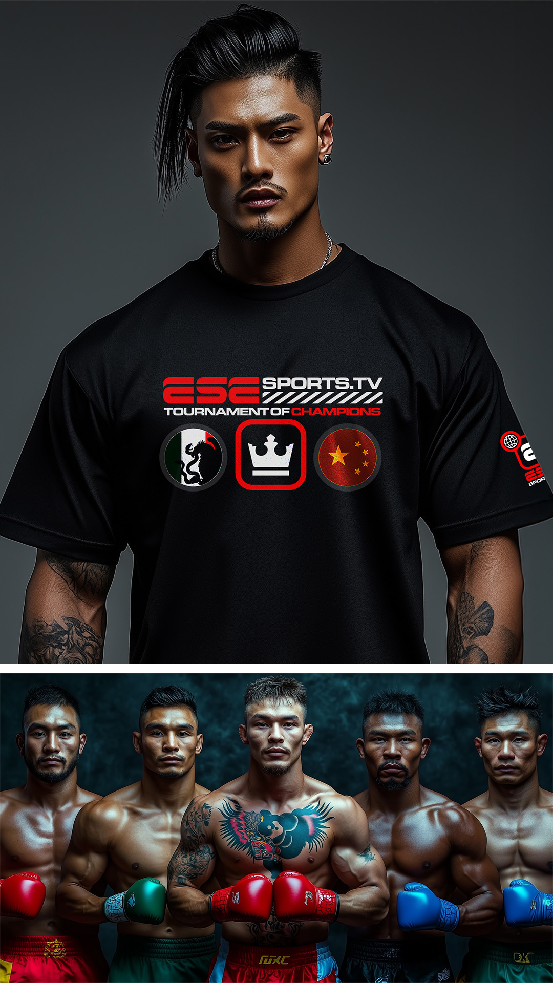 A serious man in a black ESG Sports TV Tournament of Champions shirt stands above a row of five shirtless male fighters in colorful gloves, posing confidently against a dark background.