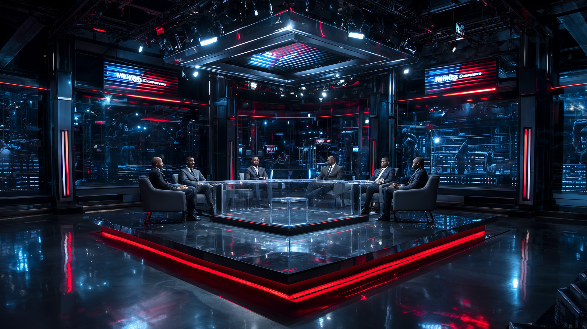 A modern TV news studio with six people in suits seated in a circle on gray chairs, surrounded by blue and red lights, glass walls, and digital screens displaying news graphics.