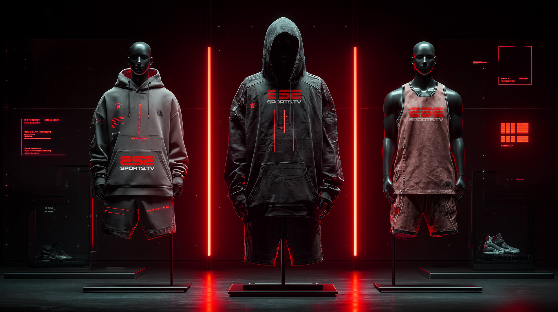 Three mannequins display futuristic sportswear with ES6 SPORTSTV logos, including a hoodie, shorts, and a tank top, set against a dark background with red neon lights and digital graphics.