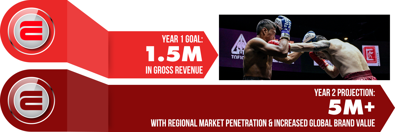 Two boxers fighting in a ring. Text: Year 1 Goal: 1.5M in Gross Revenue and Year 2 Projection: 5M+ with regional market penetration & increased global brand value. Company logo appears twice on the left.