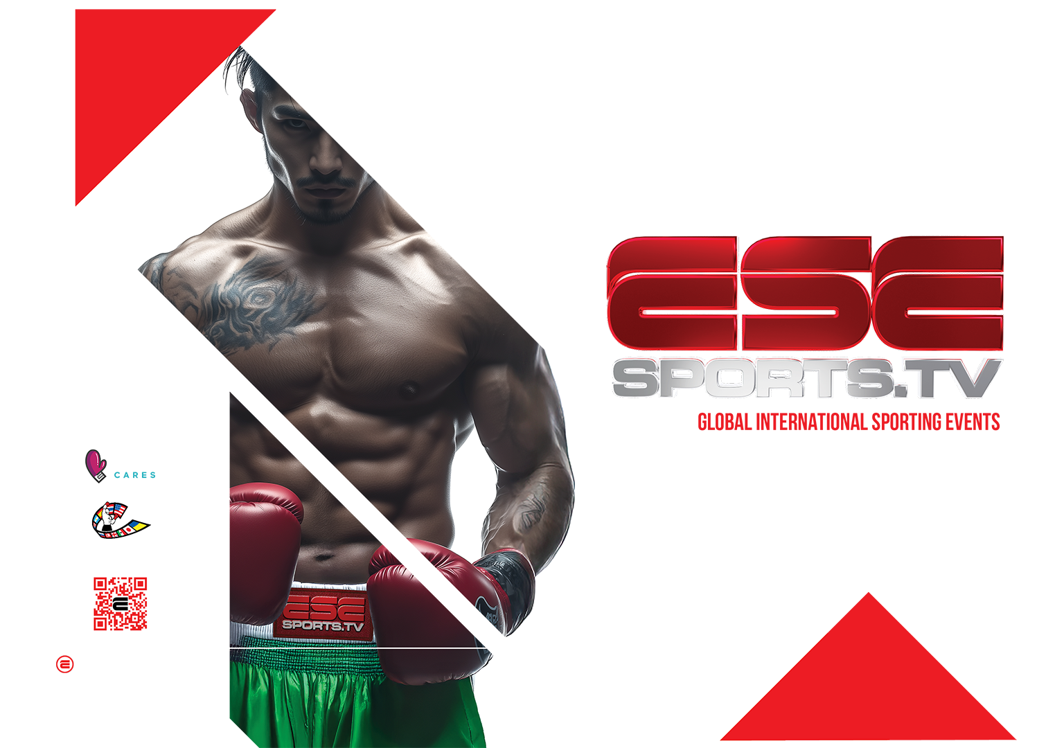 A muscular male boxer wearing red gloves and green shorts stands in a fighting pose next to the ESE SPORTS TV logo on a white background with red geometric shapes.