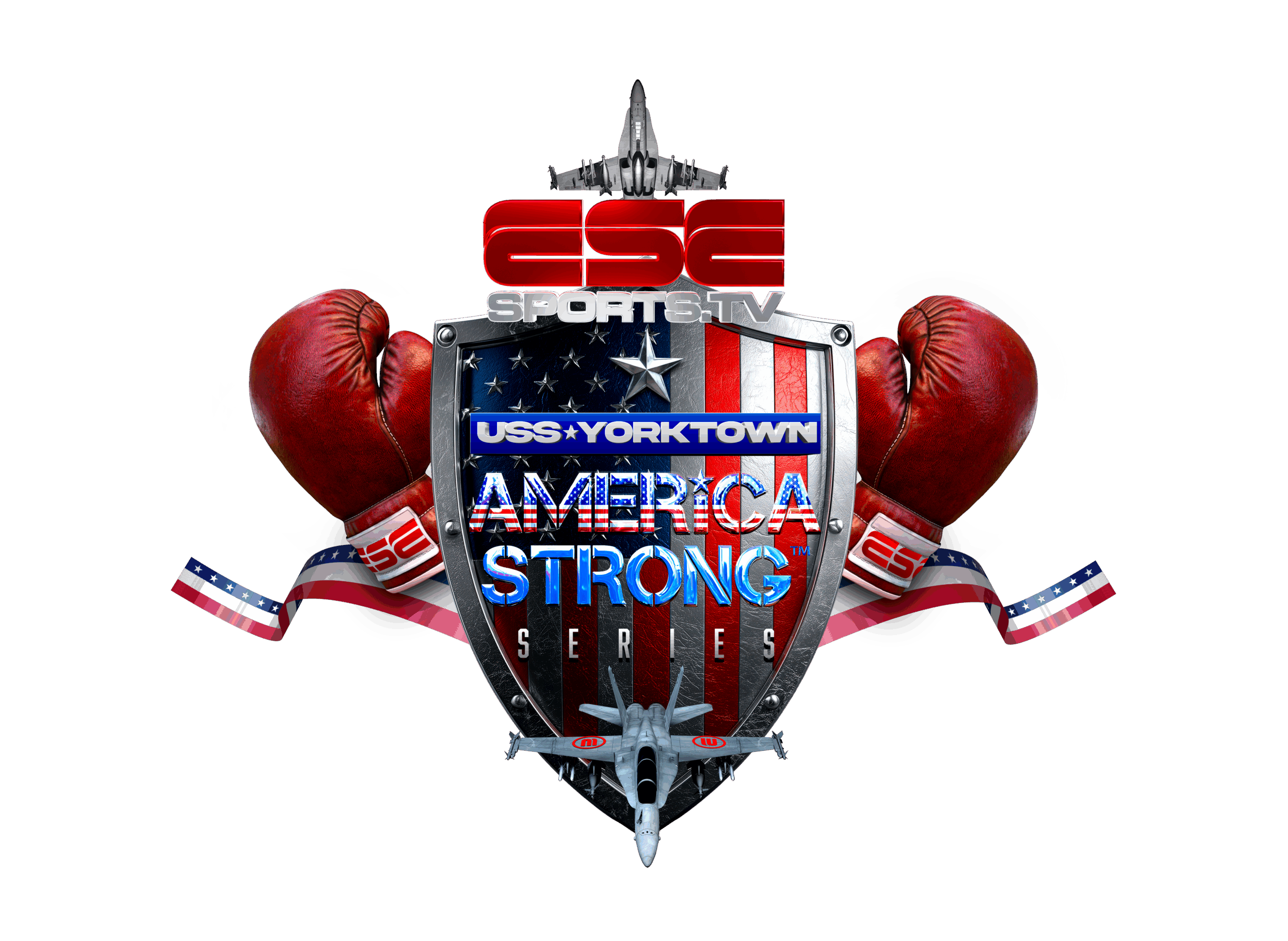 A shield with USS Yorktown America Strong Series text, flanked by red boxing gloves and American flag ribbons, with ESE Sports TV and a fighter jet above. Patriotic sports-themed design.