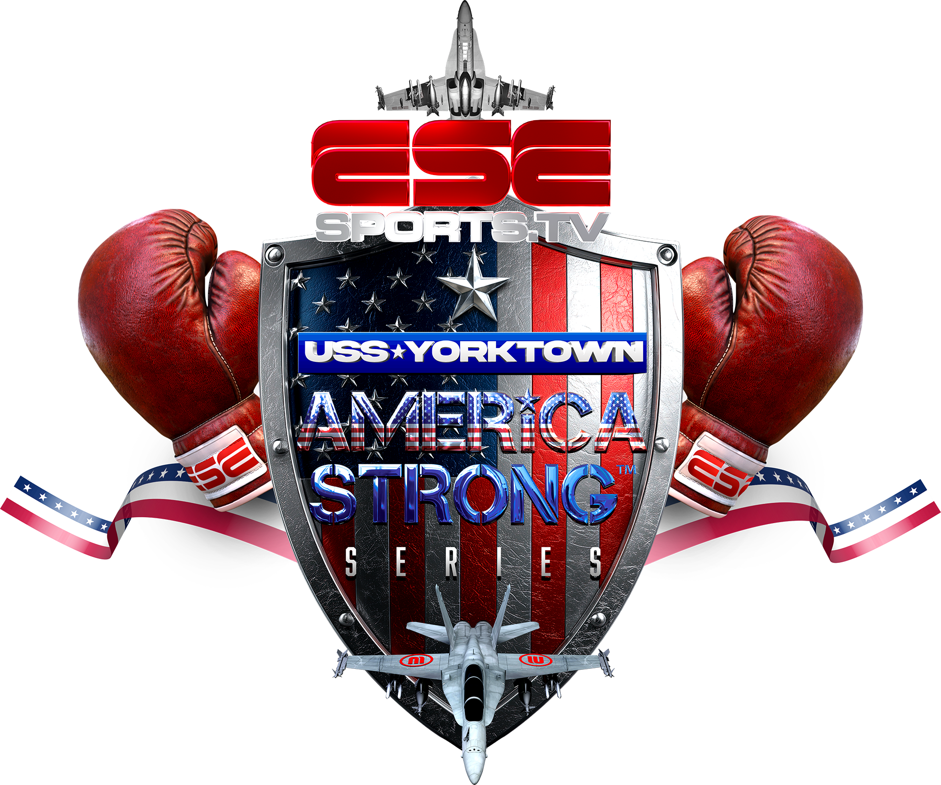 A shield with the American flag, flanked by red boxing gloves and jets. Text reads ESE Sports TV, USS Yorktown, America Strong Series. A ribbon with stars and stripes curves behind the shield.