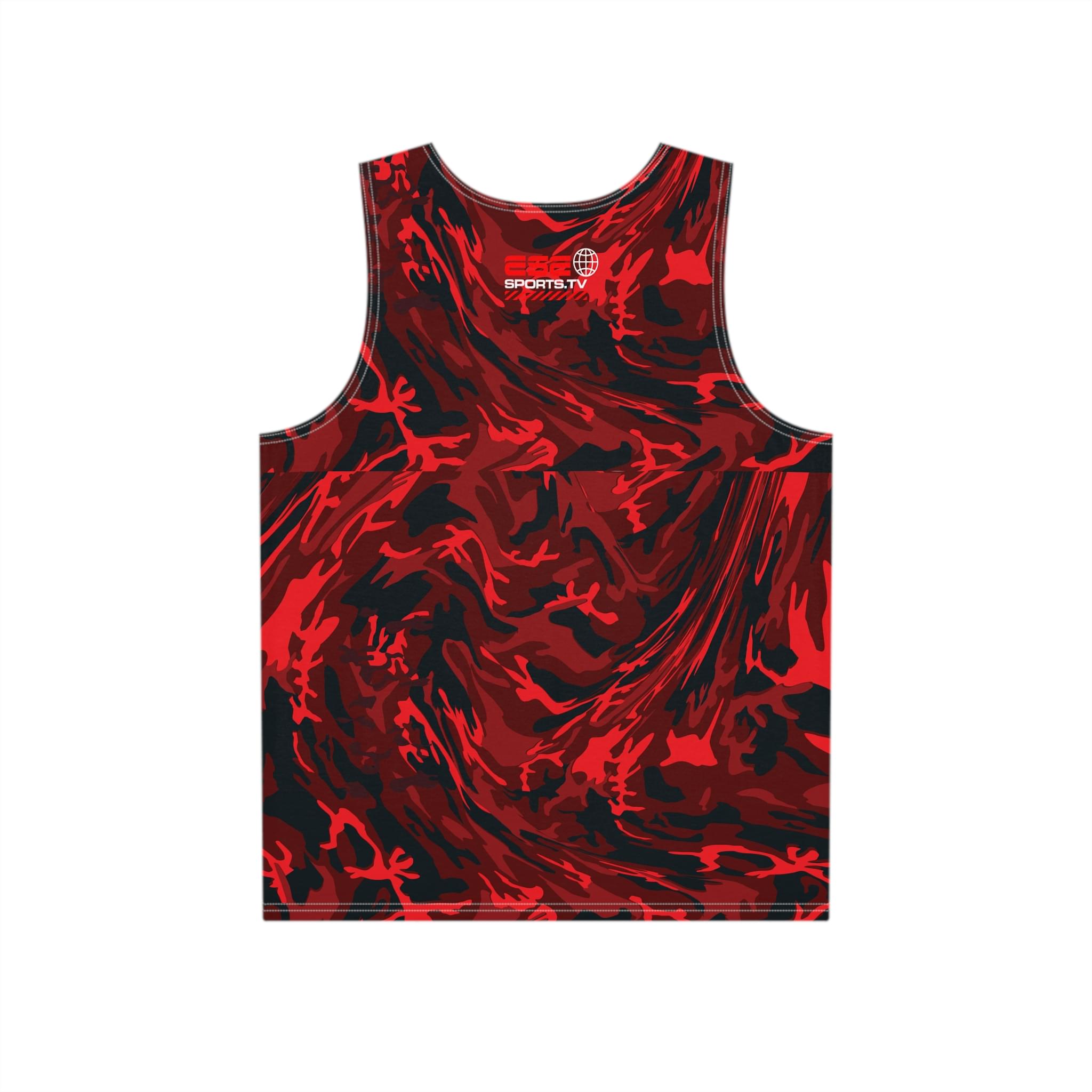 Red and black camo athletic tank top featuring abstract patterns and a logo on the chest area.