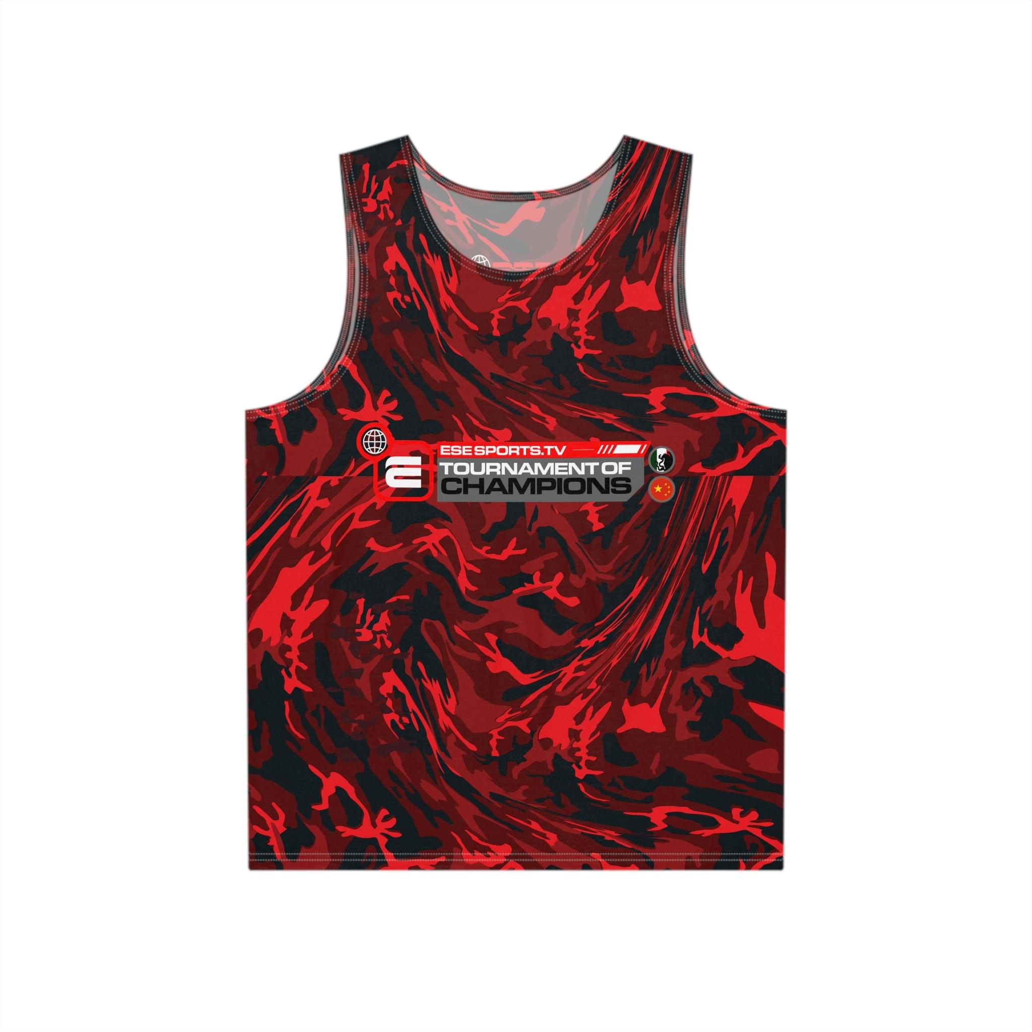 Red and black camo-patterned tank top with ESE ESPORTS.TV TOURNAMENT OF CHAMPIONS text and logo on the front.
