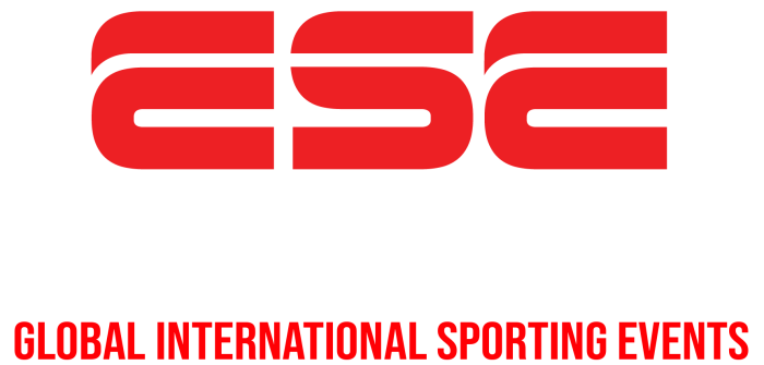 Logo for ESA SPORTS.TV featuring bold red and white text with black background and diagonal stripes, along with the tagline Global International Sporting Events in red letters below.